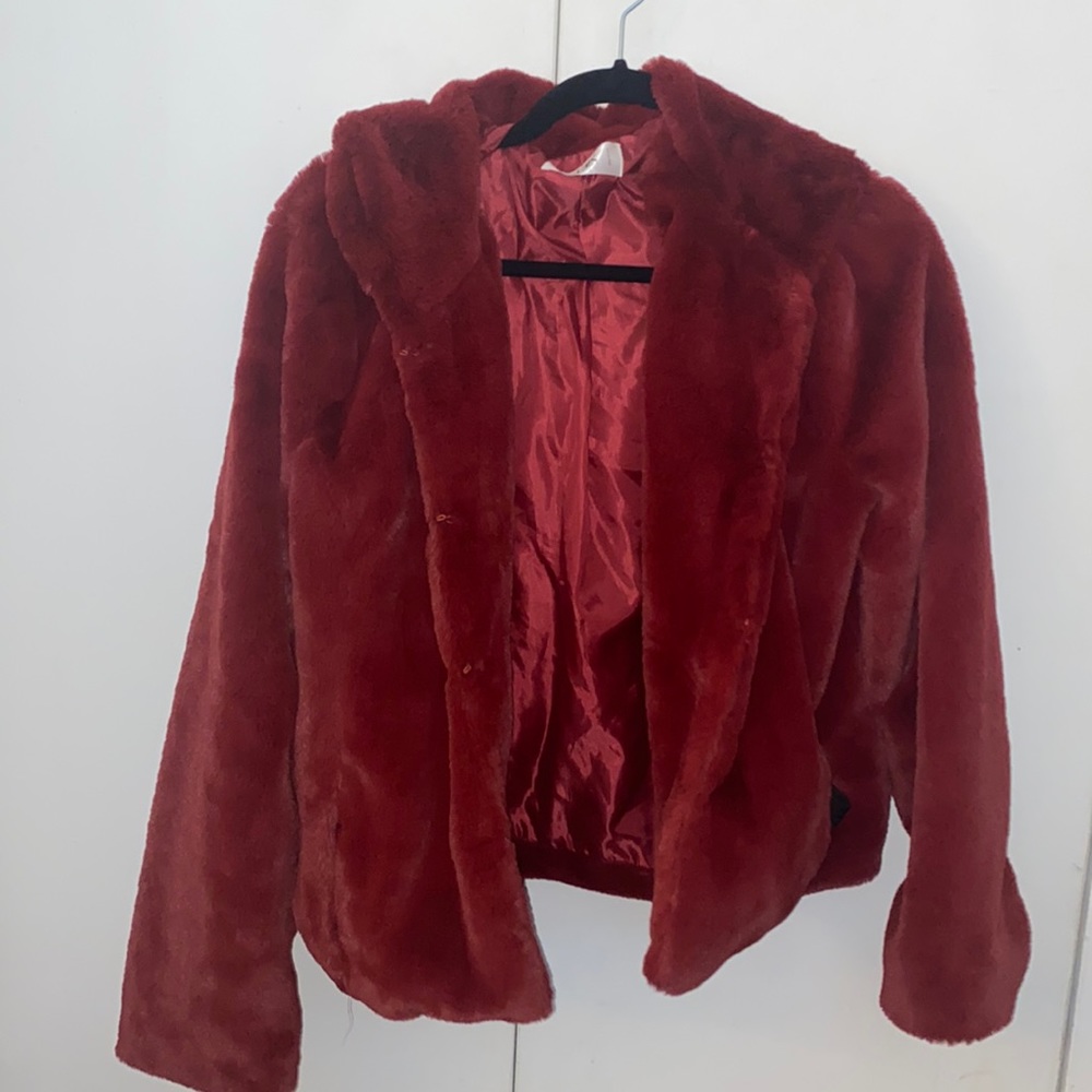 Faux red fur hooded jacket from LF
